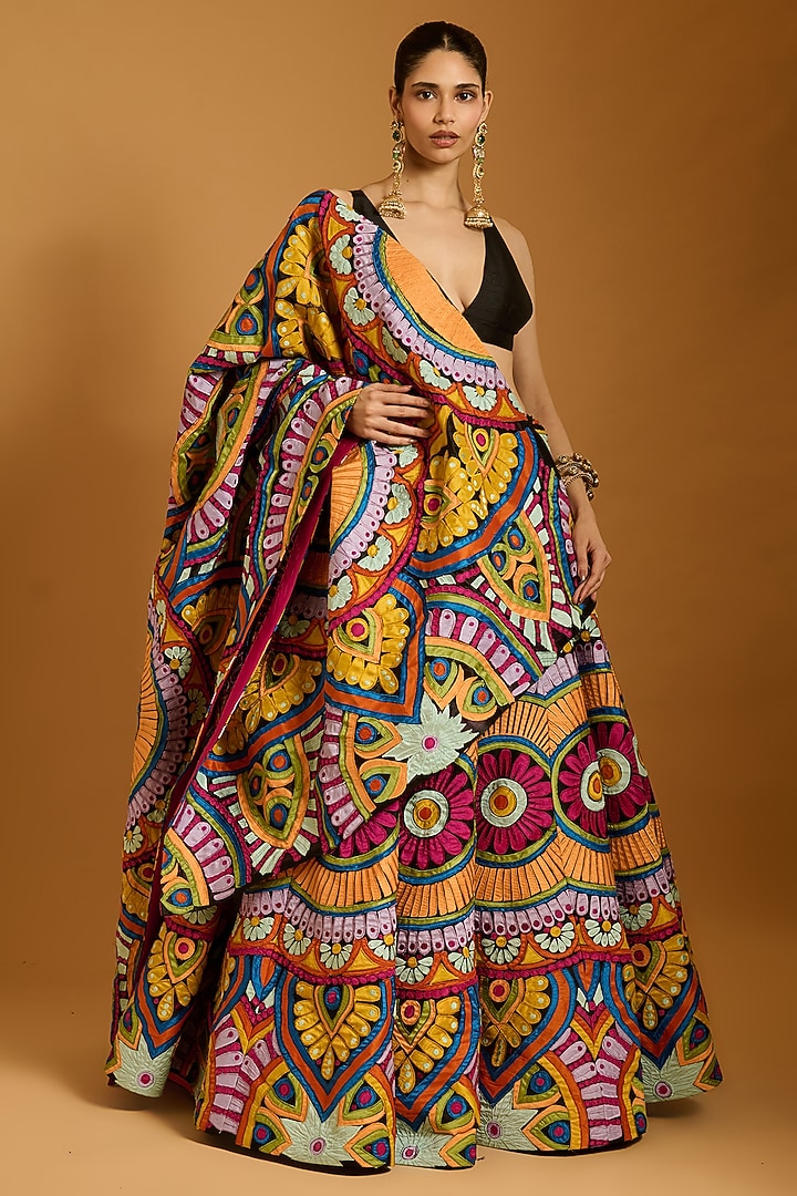 Multi-Colored Raw Silk & Dupion Bridal Lehenga Set by Siddartha Tytler at Pernia's Pop Up Shop