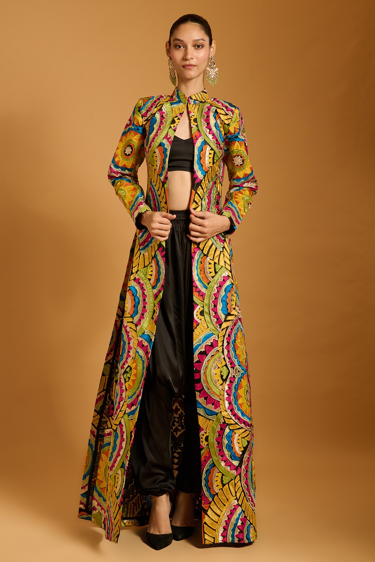 Siddartha Tytler Multi-Colored Dupion & Organza Applique Work Long Jacket Set