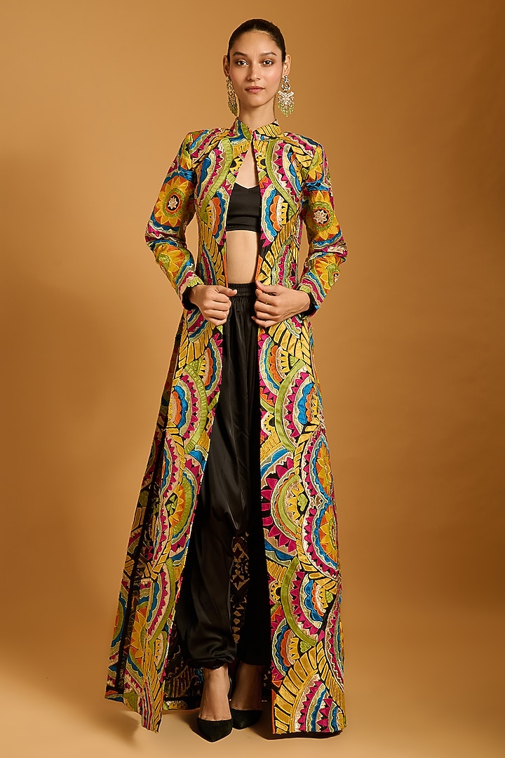Multi-Colored Dupion & Organza Applique Work Long Jacket Set by Siddartha Tytler at Pernia's Pop Up Shop