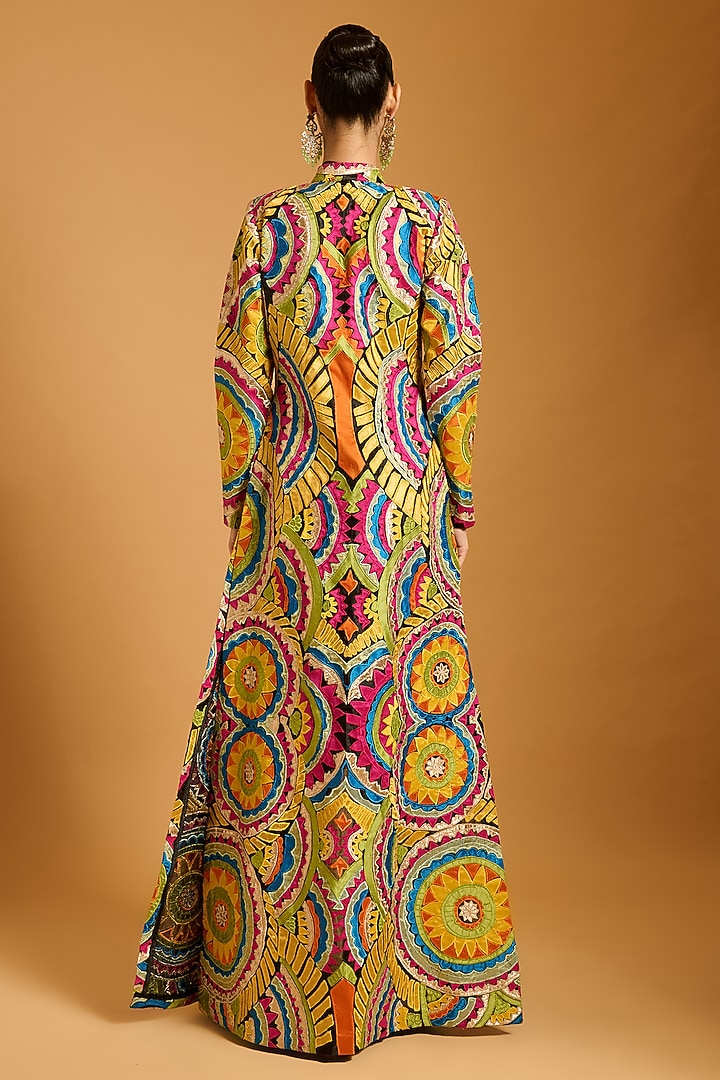 Multi-Colored Dupion & Organza Applique Work Long Jacket Set by Siddartha Tytler at Pernia's Pop Up Shop