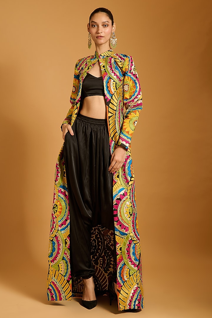 Multi-Colored Dupion & Organza Applique Work Long Jacket Set by Siddartha Tytler at Pernia's Pop Up Shop