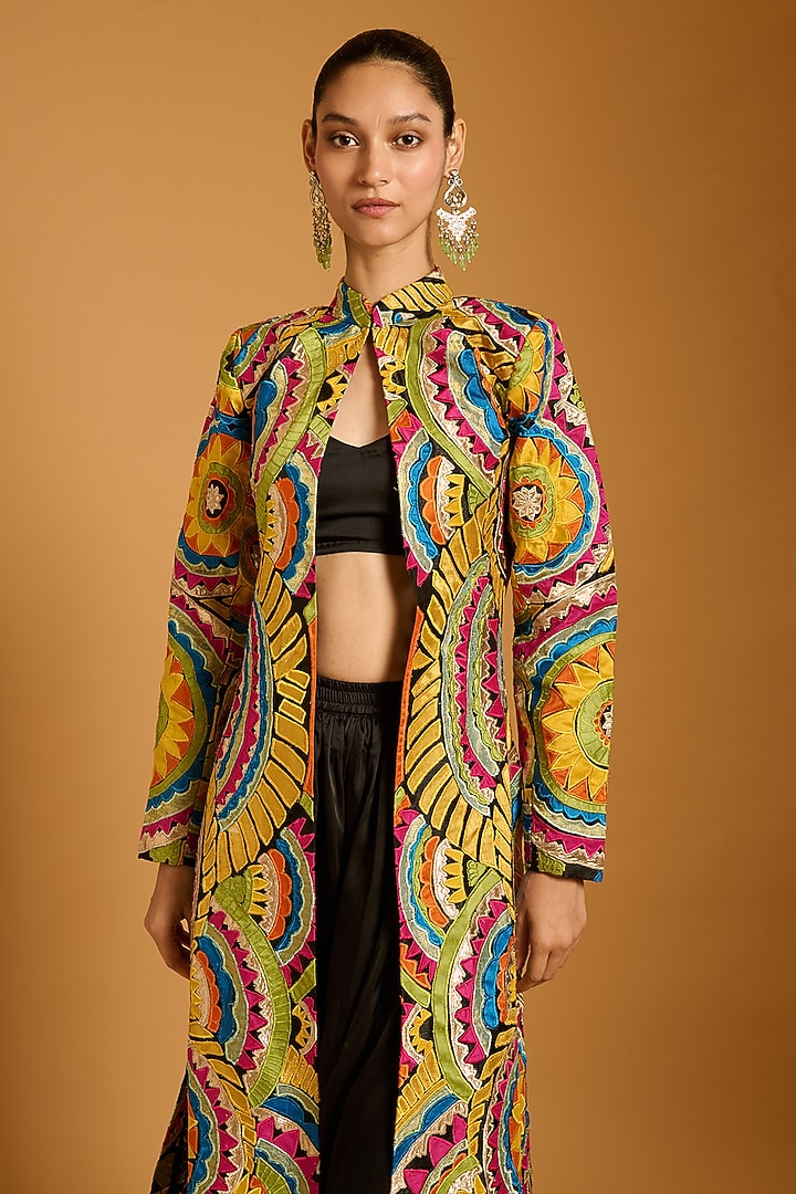 Multi-Colored Dupion & Organza Applique Work Long Jacket Set by Siddartha Tytler at Pernia's Pop Up Shop