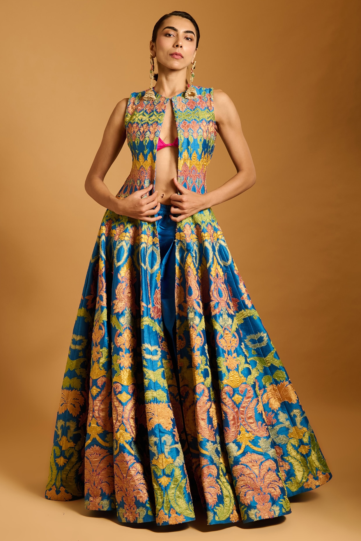 Siddartha Tytler Cobalt Blue Dupion & Raw Silk Applique Work Kali Anarkali Jacket Set