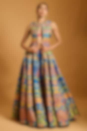 Cobalt Blue Dupion & Raw Silk Applique Work Kali Anarkali Jacket Set by Siddartha Tytler at Pernia's Pop Up Shop