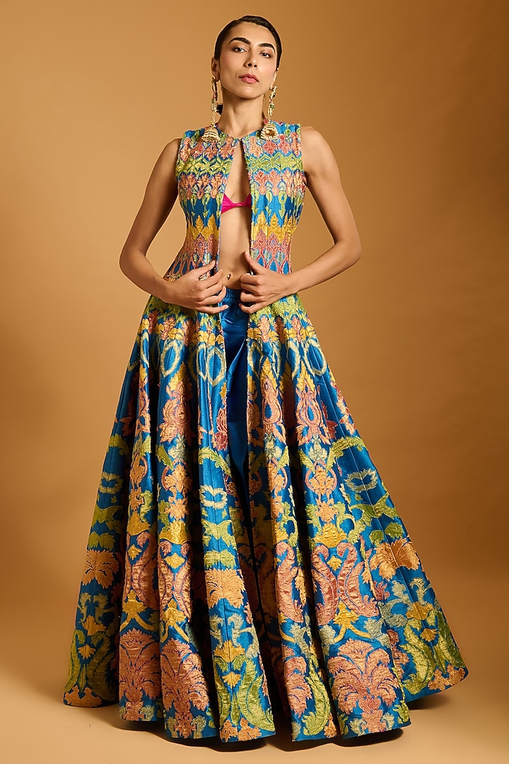 Cobalt Blue Dupion & Raw Silk Applique Work Kali Anarkali Jacket Set by Siddartha Tytler at Pernia's Pop Up Shop