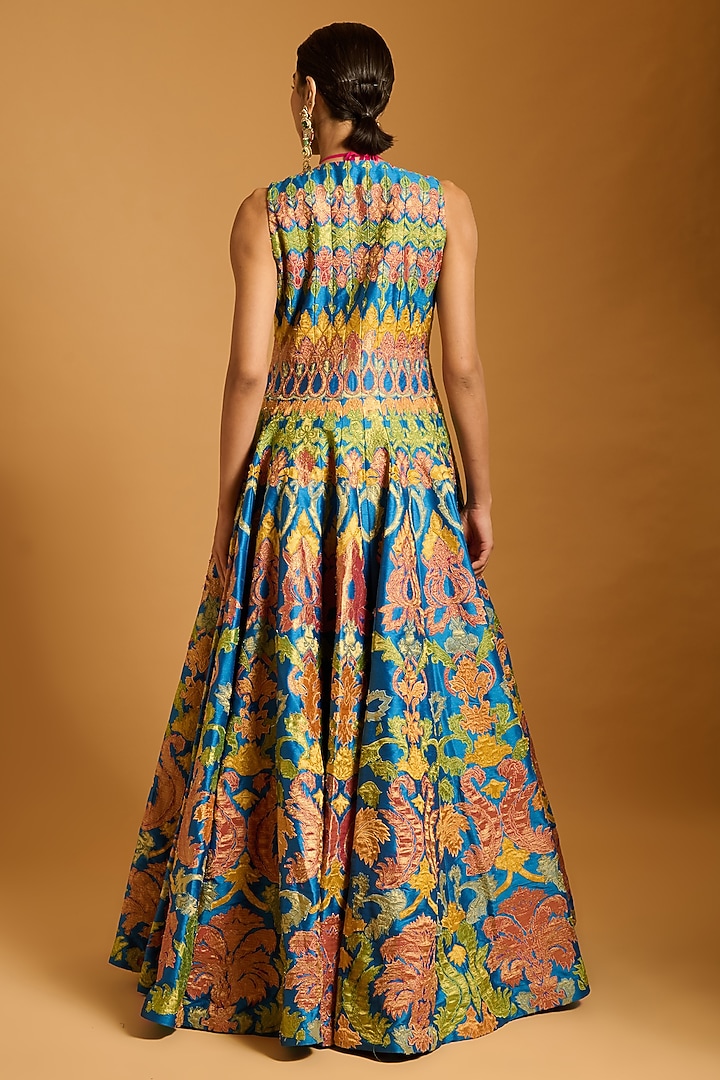 Cobalt Blue Dupion & Raw Silk Applique Work Kali Anarkali Jacket Set by Siddartha Tytler at Pernia's Pop Up Shop