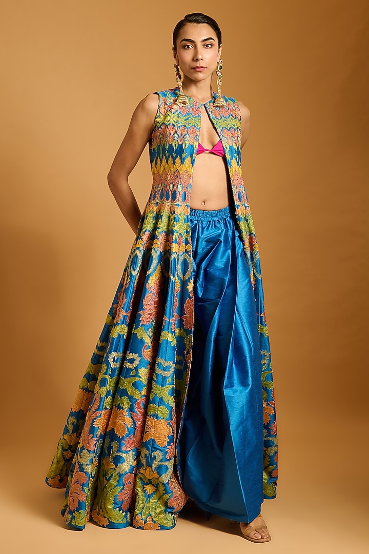 Cobalt Blue Dupion & Raw Silk Applique Work Kali Anarkali Jacket Set by Siddartha Tytler at Pernia's Pop Up Shop