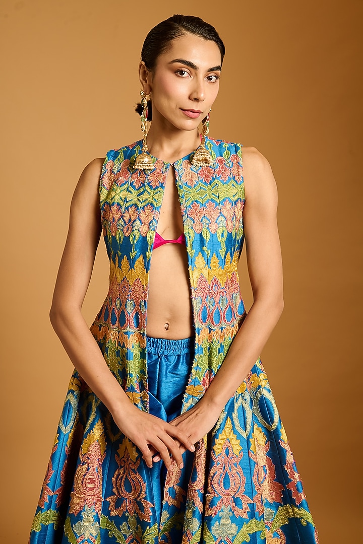 Cobalt Blue Dupion & Raw Silk Applique Work Kali Anarkali Jacket Set by Siddartha Tytler at Pernia's Pop Up Shop