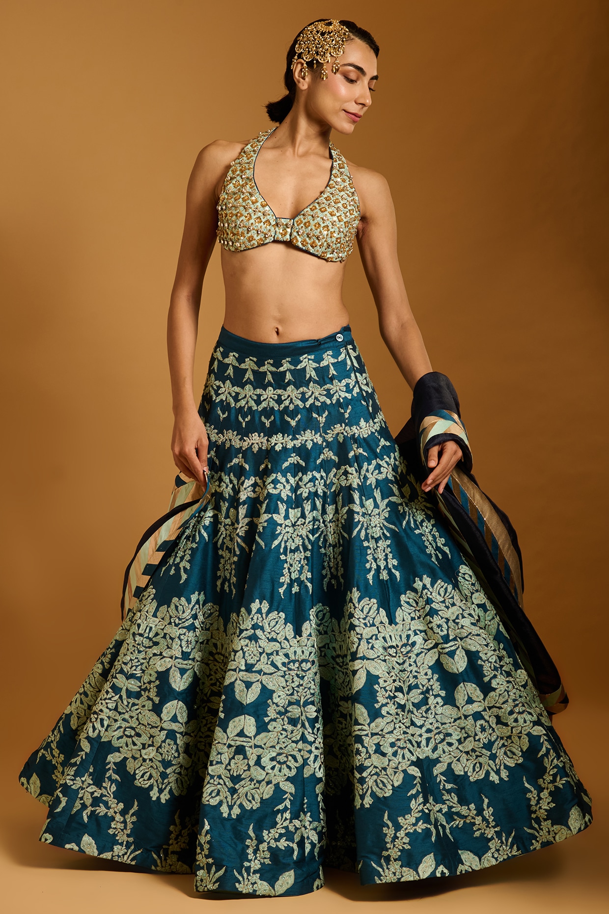 Siddartha Tytler Teal & Aqua Raw Silk Floral Threadwork Lehenga Set