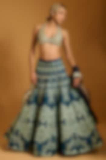 Teal & Aqua Raw Silk Floral Threadwork Bridal Lehenga Set by Siddartha Tytler at Pernia's Pop Up Shop