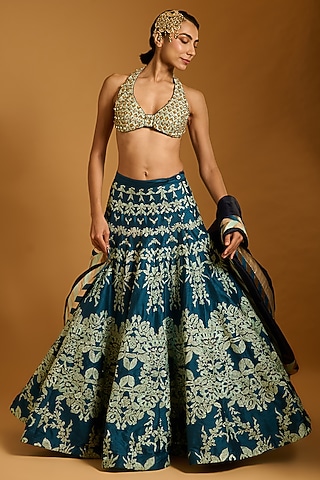 Teal & Aqua Raw Silk Floral Threadwork Lehenga Set by Siddartha Tytler