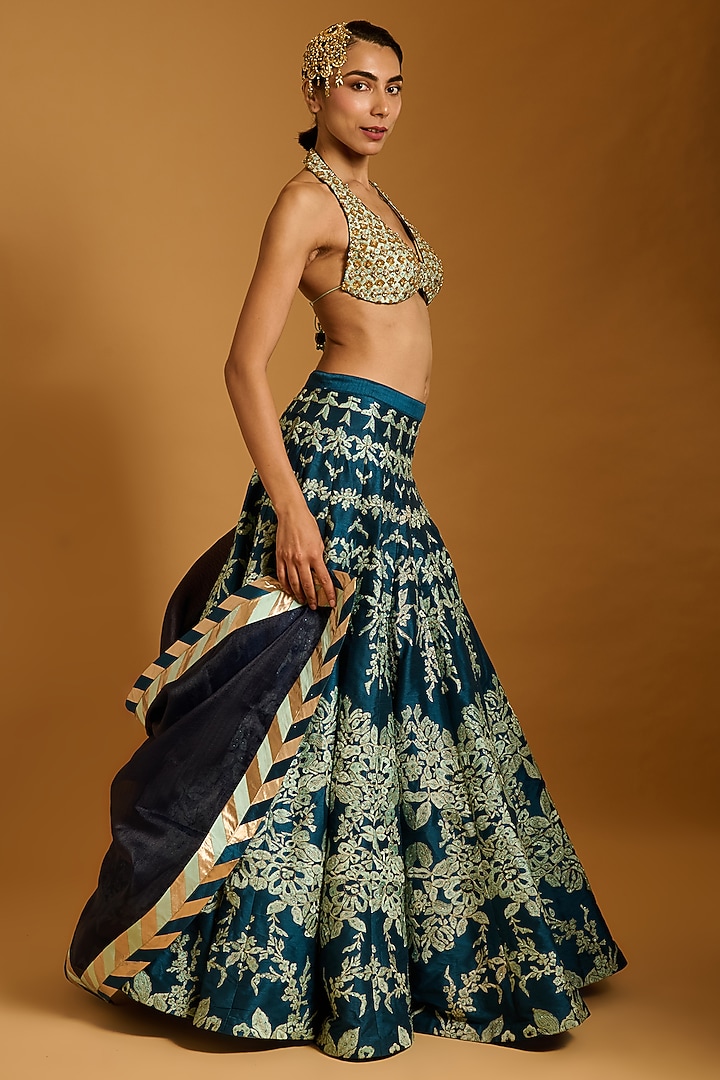 Teal & Aqua Raw Silk Floral Threadwork Bridal Lehenga Set by Siddartha Tytler at Pernia's Pop Up Shop