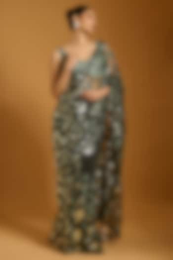 Charcoal Black Net Sequins Embroidered Reception Saree Set by Siddartha Tytler at Pernia's Pop Up Shop