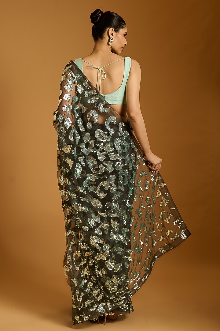 Charcoal Black Net Sequins Embroidered Reception Saree Set by Siddartha Tytler at Pernia's Pop Up Shop