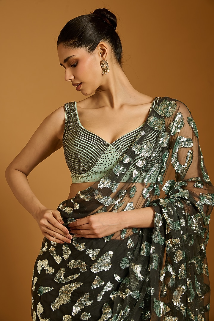 Charcoal Black Net Sequins Embroidered Reception Saree Set by Siddartha Tytler at Pernia's Pop Up Shop