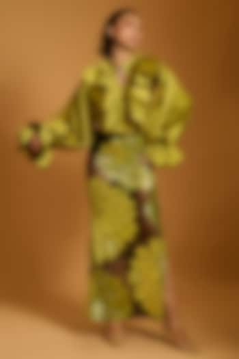 Acid Green & Black Floral Motif Embroidered Skirt  by Siddartha Tytler at Pernia's Pop Up Shop