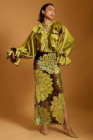 Acid Green & Black Floral Motif Embroidered Skirt  by Siddartha Tytler