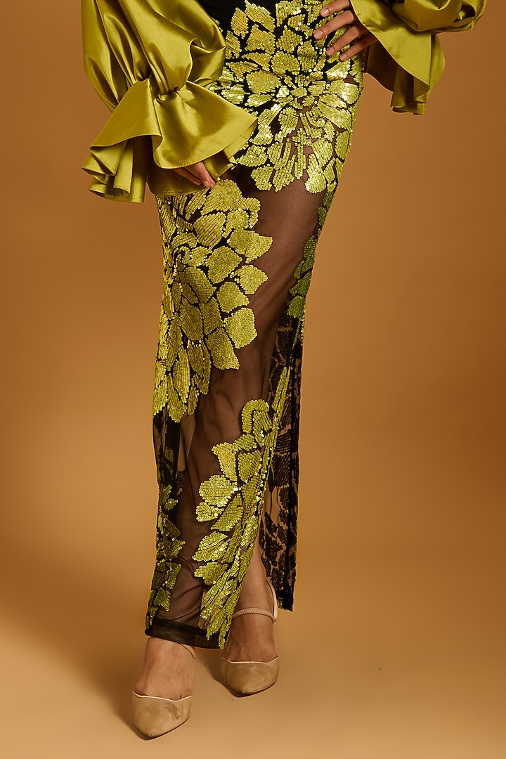 Acid Green & Black Floral Motif Embroidered Skirt  by Siddartha Tytler at Pernia's Pop Up Shop