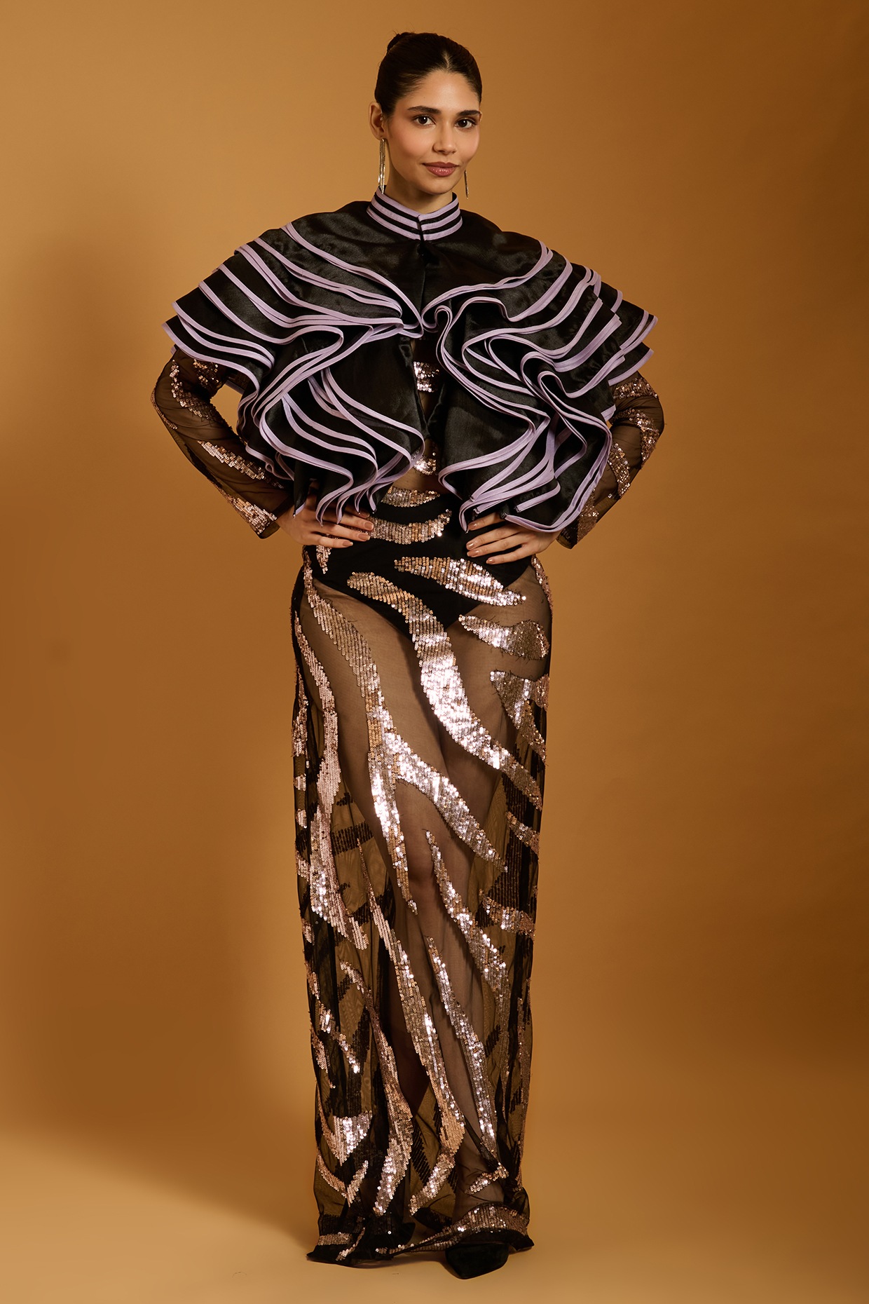 Siddartha Tytler Black Net Motifs Embroidered Column Gown