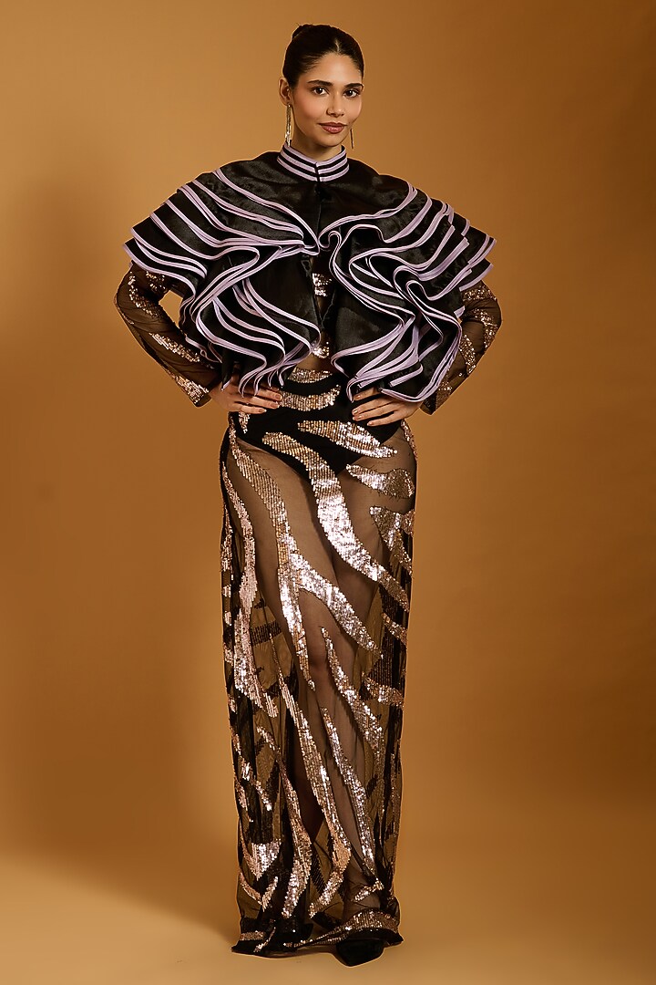 Black Net Motifs Embroidered Column Wedding Gown by Siddartha Tytler at Pernia's Pop Up Shop