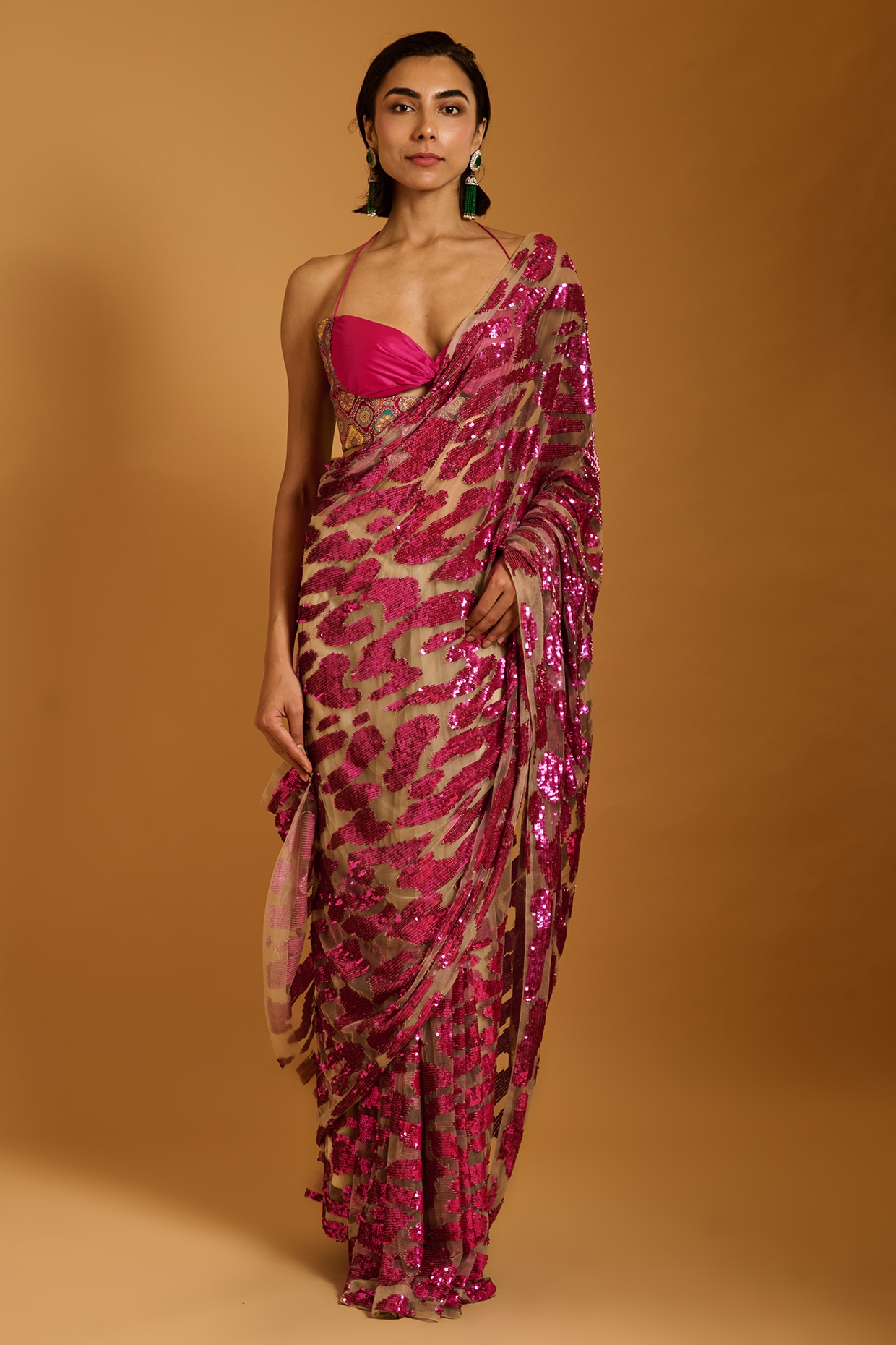Siddartha Tytler Fuchsia Net Sequins Embroidered Saree Set