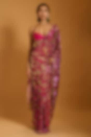 Fuchsia Net Sequins Embroidered Reception Saree Set by Siddartha Tytler at Pernia's Pop Up Shop