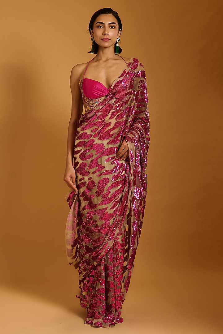 Fuchsia Net Sequins Embroidered Reception Saree Set by Siddartha Tytler at Pernia's Pop Up Shop