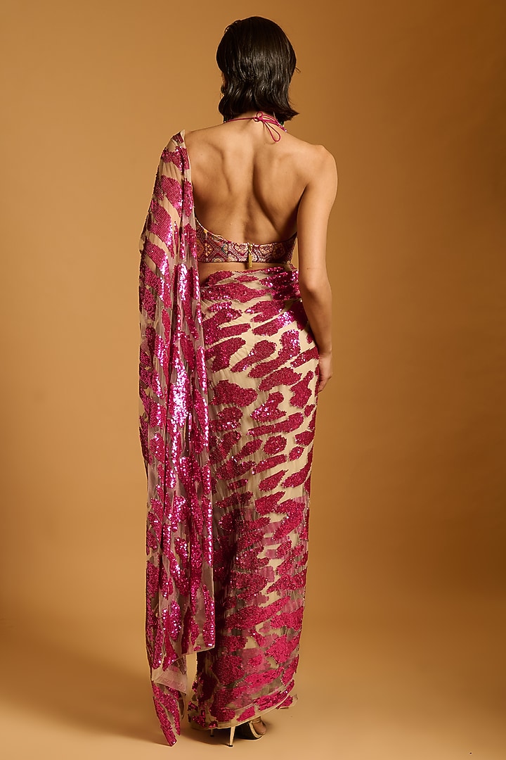 Fuchsia Net Sequins Embroidered Reception Saree Set by Siddartha Tytler at Pernia's Pop Up Shop