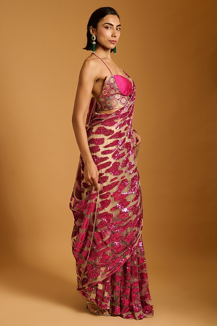 Fuchsia Net Sequins Embroidered Reception Saree Set by Siddartha Tytler at Pernia's Pop Up Shop