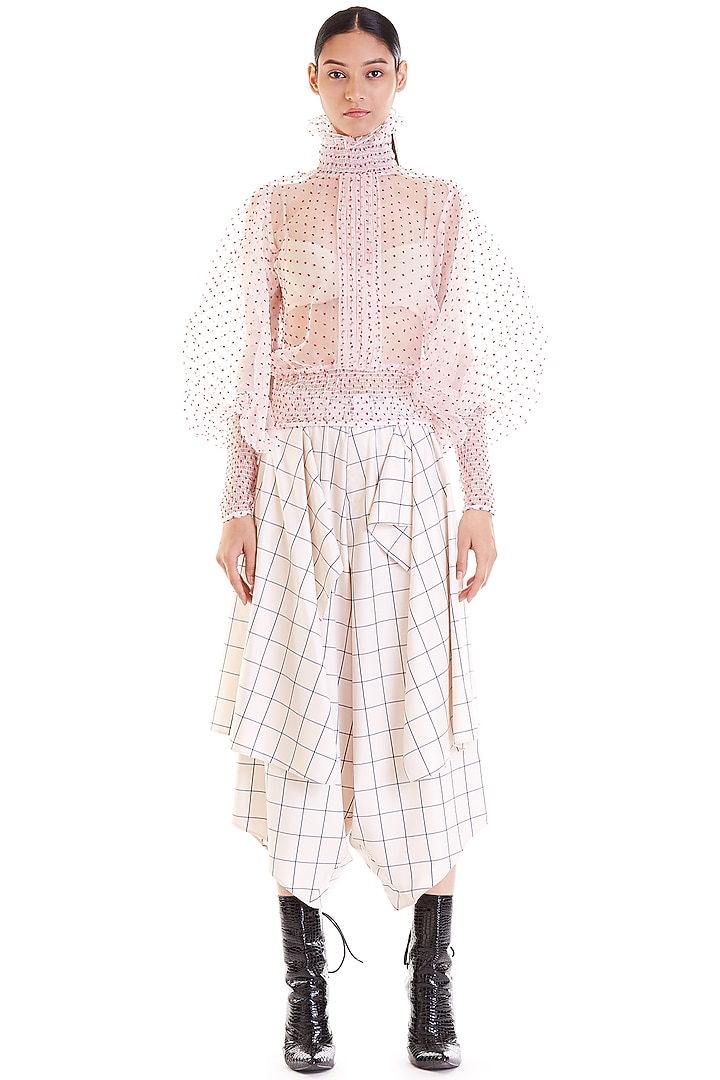 Ivory & Red Dotted Organza Peasant Top by Siddartha Tytler at Pernia's Pop Up Shop