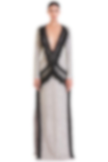 Pewter & Black Hand Embroidered Maxi Dress by Siddartha Tytler