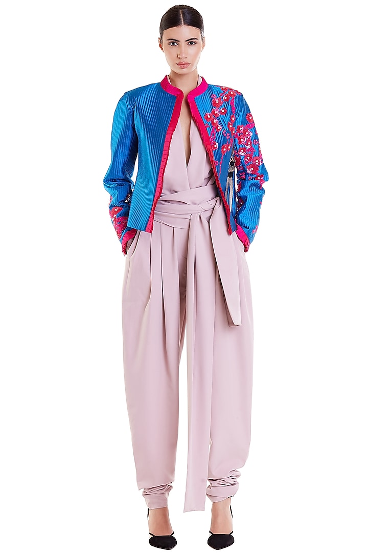 Cobalt Blue & Pink Embroidered Quilted Crop Jacket by Siddartha Tytler