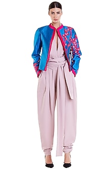 Cobalt Blue & Pink Embroidered Quilted Crop Jacket by Siddartha Tytler-LAYERINGS