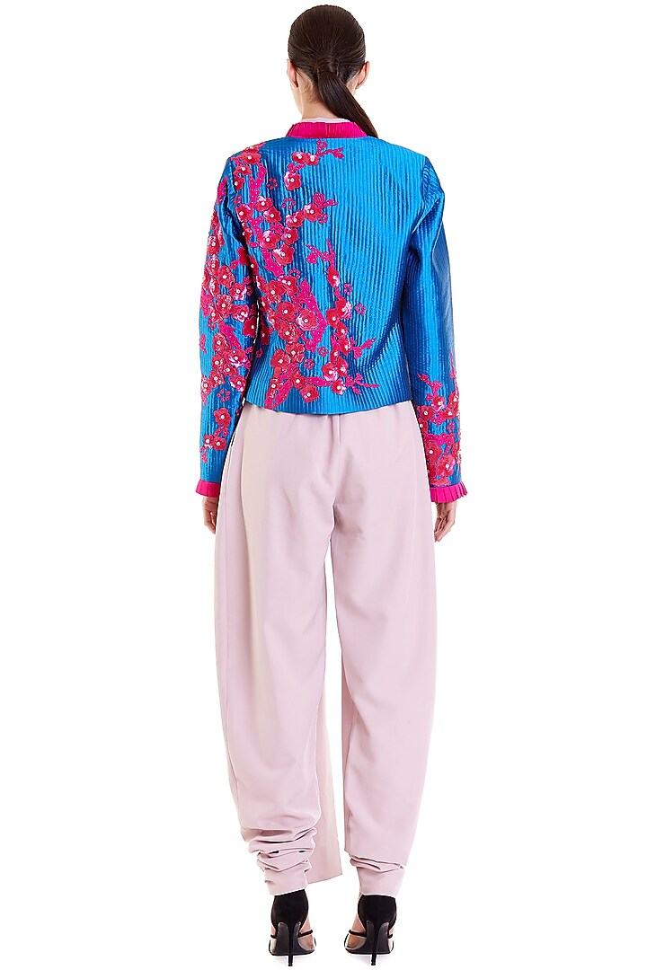 Cobalt Blue & Pink Embroidered Quilted Crop Jacket by Siddartha Tytler at Pernia's Pop Up Shop