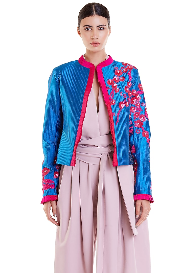 Cobalt Blue & Pink Embroidered Quilted Crop Jacket by Siddartha Tytler at Pernia's Pop Up Shop