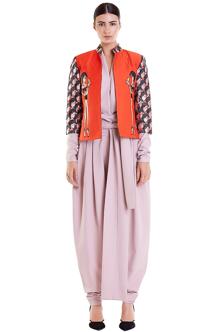 Orange Embroidered Quilted Crop Jacket by Siddartha Tytler
