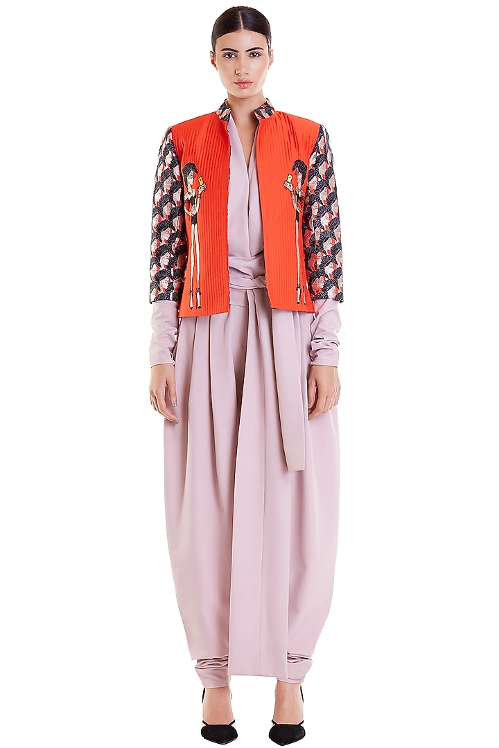 Orange Embroidered Quilted Crop Jacket by Siddartha Tytler at Pernia's Pop Up Shop