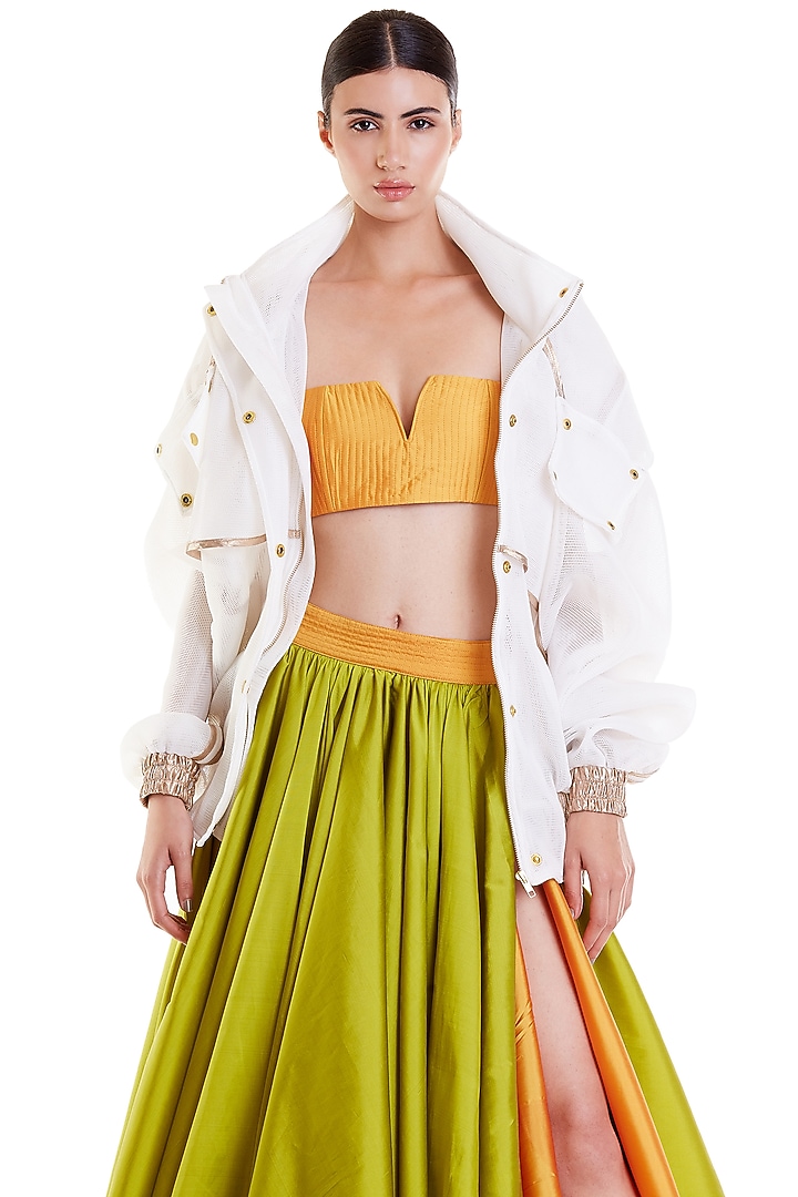 White & Gold Neoprene Mesh Jacket by Siddartha Tytler at Pernia's Pop Up Shop