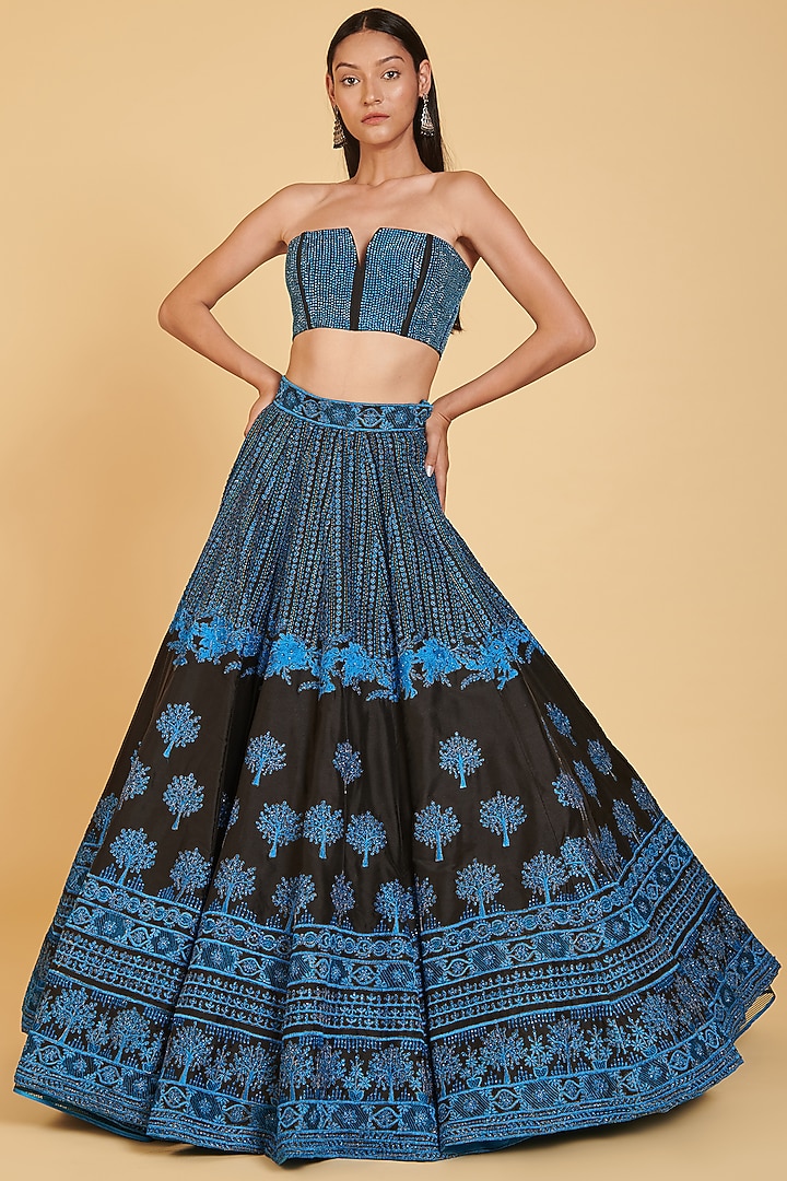 Aster Blue & Black Embroidered Bridal Lehenga Set by Siddartha Tytler at Pernia's Pop Up Shop