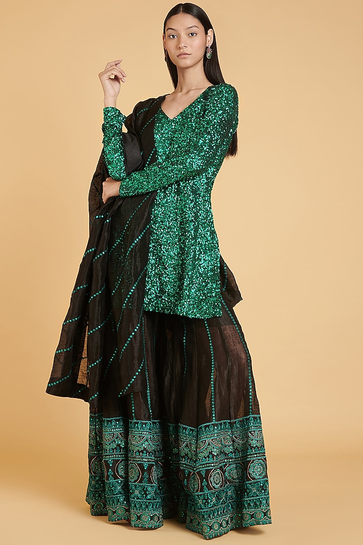 Emerald Green & Black Embroidered Kalidar Sharara Set by Siddartha Tytler