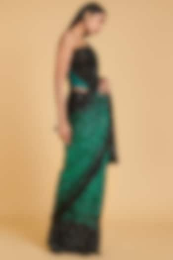 Black & Emerald Green Hand Embroidered Saree Set by Siddartha Tytler at Pernia's Pop Up Shop