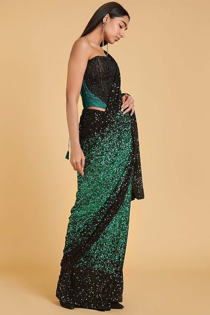 Black & Emerald Green Hand Embroidered Saree Set by Siddartha Tytler at Pernia's Pop Up Shop