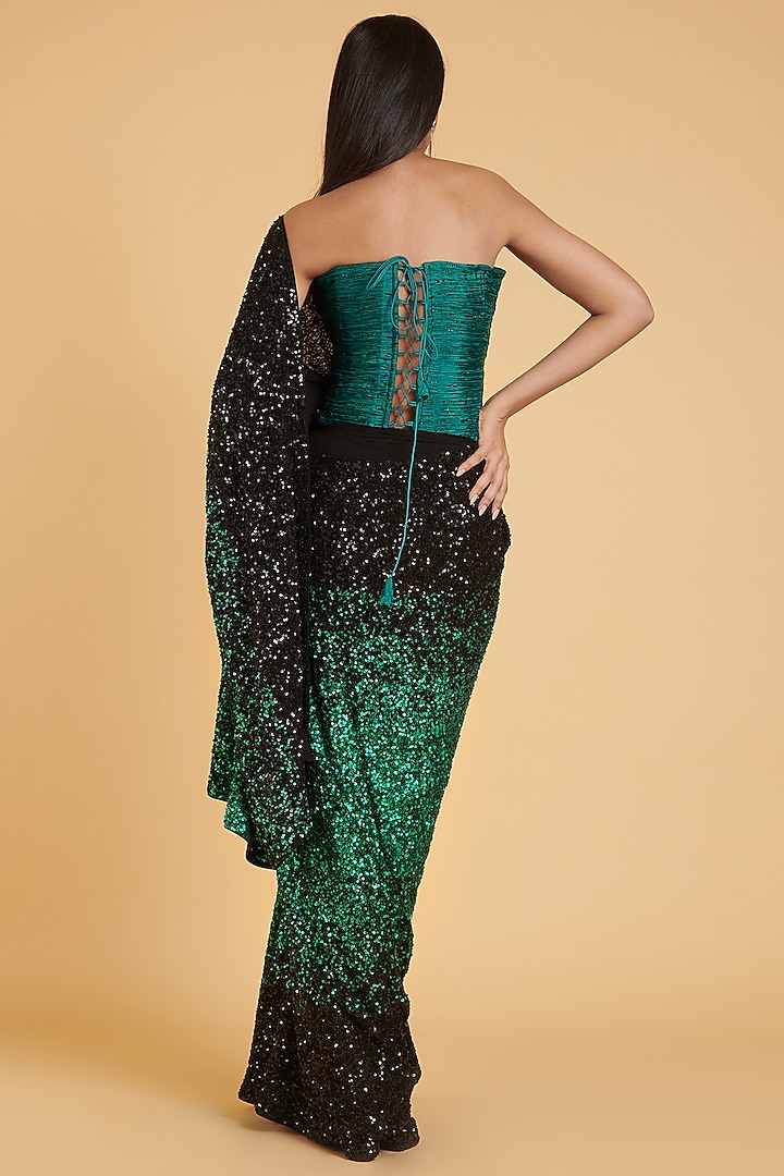 Black & Emerald Green Hand Embroidered Reception Saree Set by Siddartha Tytler at Pernia's Pop Up Shop