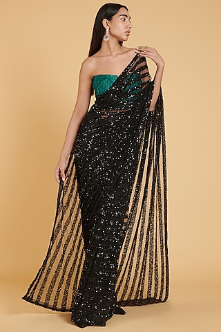 Black Embroidered Striped Saree Set by Siddartha Tytler