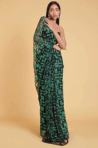 Emerald Green Hand Embroidered Saree Set by Siddartha Tytler