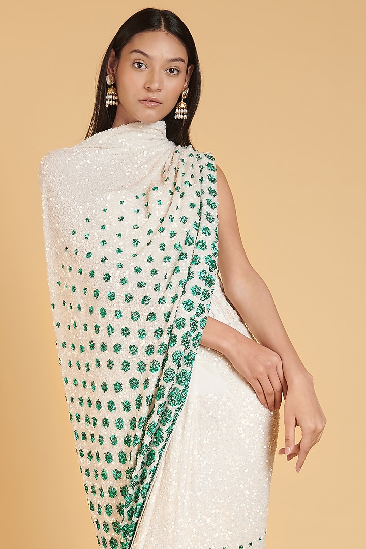 Ivory Hand Embroidered Reception Saree Set by Siddartha Tytler at Pernia's Pop Up Shop
