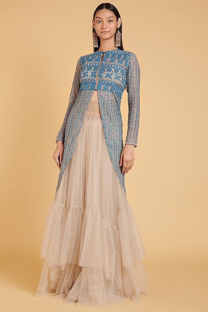Aster Blue Embroidered High-Low Jacket by Siddartha Tytler