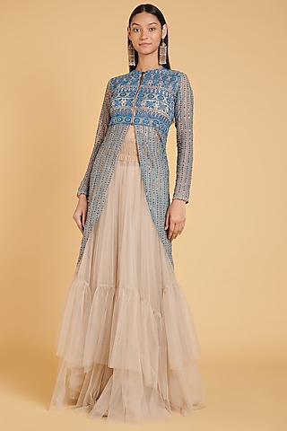 Aster Blue Embroidered High-Low Jacket by Siddartha Tytler