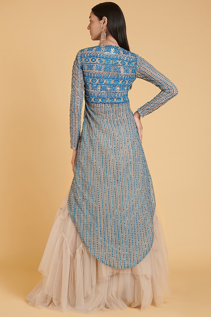 Aster Blue Embroidered High-Low Jacket by Siddartha Tytler at Pernia's Pop Up Shop