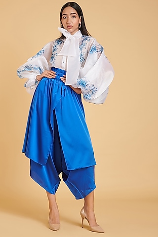 Ivory & Blue Organza Printed Shirt by Siddartha Tytler